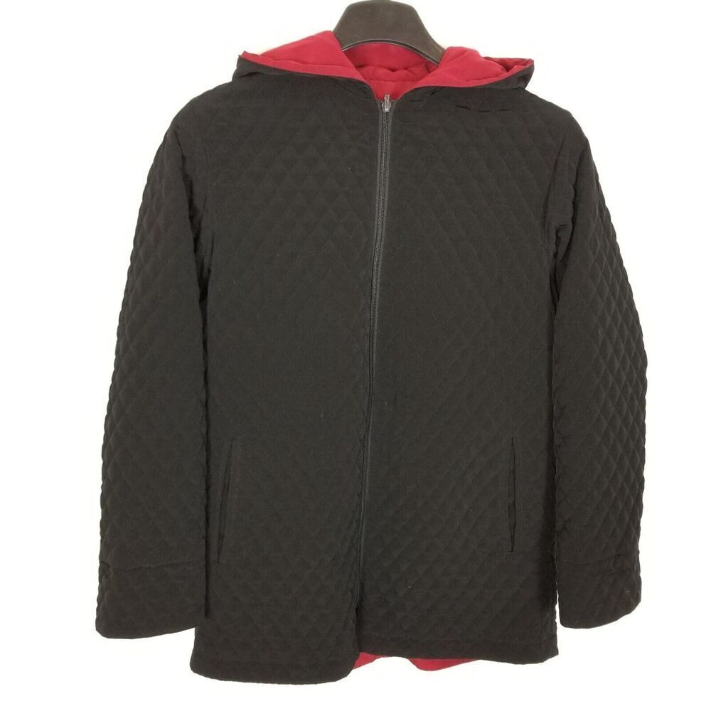 Talbots Women Reversable Hooded Jacket Size S Quilted Zip Up Black‎ Red